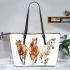 Three horses in watercolor style leather tote bag