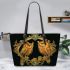 Two colorful owls with yellow feathers leather tote bag