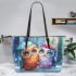 Two cute owls in love beautiful snow forest leather tote bag