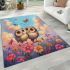 Two cute owls sitting on flowers with colorful butterflies area rugs carpet