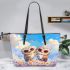 Two cute owls sitting on flowers with colorful butterflies leather tote bag