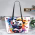 Two cute pandas hugging surrounded colorful hearts leather tote bag