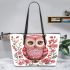 Valentine pink cute owl with flowers leather tote bag