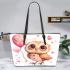 Valentine's day cute baby gold owl with hearts clipart leather tote bag