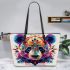 Vibrant and colorful panda design with intricate patterns leather tote bag