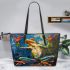 Vibrant painting of an happy dancing frog leaather tote bag