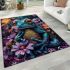 Vibrant teal frog with large eyes sits on top of colorful flowers area rugs carpet