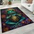 Vibrant teal frog with large eyes sits on top of colorful flowers area rugs carpet