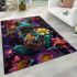 Vibrant teal frog with large eyes sits on top of colorful flowers area rugs carpet