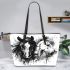 Watercolor black and white horses leather tote bag