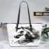 Watercolor black and white horses leather tote bag