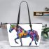 Watercolor black horse leather tote bag