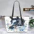 Watercolor black horse head with white rose leather tote bag