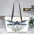 Watercolor dark blue dragonfly with gold leather tote bag