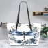 Watercolor dark blue dragonfly with gold leather tote bag