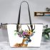 Watercolor deer with colorful flower crown leather totee bag