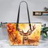 Watercolor deer with large antlers leather totee bag