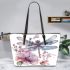 Watercolor dragonfly and pink flowers leather tote bag