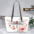 Watercolor dragonfly and pink flowers leather tote bag