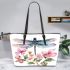 Watercolor dragonfly and pink flowers leather tote bag