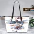Watercolor dragonfly flowers leather tote bag