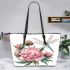 Watercolor dragonfly perched on pink peonies leather tote bag