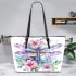 Watercolor dragonfly surrounded leather tote bag