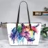 Watercolor horse in rainbow colors leather tote bag