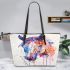 Watercolor painting of an abstract horse with colorful hair leather tote bag