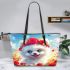 White pomeranian puppy with blue eyes leather tote bag