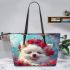 White pomeranian puppy with blue eyes leather tote bag