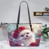 White pomeranian puppy with blue eyes leather tote bag