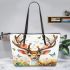 White tailed deer with large antlers and flowers on its head leather totee bag