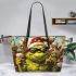 yellow grinchy with black sunglass and dancing cats Leather Tote Bag