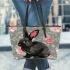 Adorable black rabbit with pink ears leather tote bag