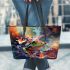 An abstract digital art piece featuring vibrant colors and shapes leaather tote bag