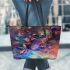 An abstract digital art piece featuring vibrant colors and shapes leaather tote bag