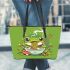 An adorable green frog eating ramen noodles leaather tote bag