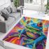 An airbrush cartoon of a blue green frog with rainbow area rugs carpet