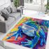 An airbrush cartoon of a blue green frog with rainbow area rugs carpet