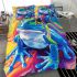 An airbrush cartoon of a blue green frog with rainbow bedding set