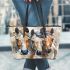 An impressionist painting of three horses leather tote bag