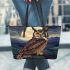 An owl perched on a branch in front of a moonlit landscape leather tote bag