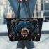 Angry black bear with dream catcher leather tote bag