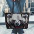 Angry white bear with dream catcher leather tote bag