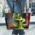 baby grinchy smile and dancing dogs are Leather Tote Bag