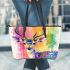 Beautiful deer portrait in watercolor style leather totee bag