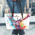 Beautiful deer portrait watercolor splatter leather totee bag