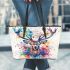 Beautiful deer portrait watercolor splatter leather totee bag