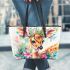 Beautiful deer with colorful flowers and leaves leather totee bag